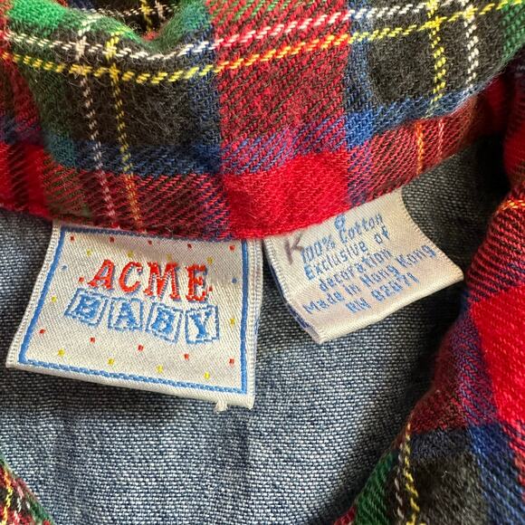 ACME Baby Dress Embroidered Tweety Bird Sylvester Size 6 Denim Plaid Tartan 90s - Picture 7 of 9
